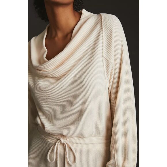 ANTHROPOLOGIE Daily Practice Cream Ribbed Cowl Neck Sweater Midi Dress Small - Picture 4 of 12